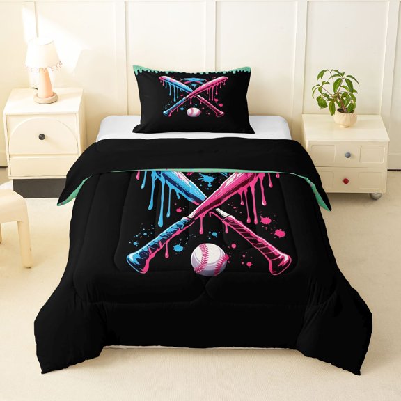Erosebridal Mint Dripping Black Background Crossed Baseball Bats & Helmet Graphic Twin Comforter Sets 3-Piece, Playful Graphic Bedding Set for Boys And Girls Kids,Black Reversible