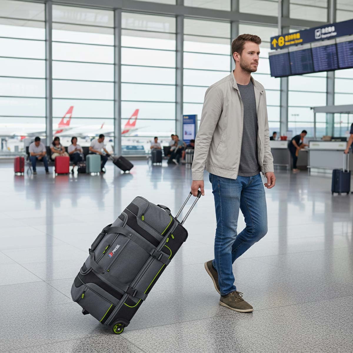 30 Inch Rolling Duffle Bag with Telescopic Handle, Wheeled Duffel Bag with Drop-Bottom,  Large Luggage Bags for Travel, Grey/Green, TBL074
