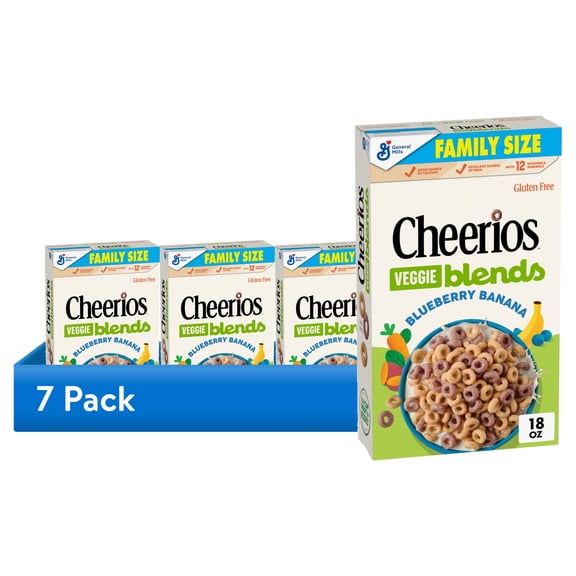 (7 pack) Cheerios Veggie Blends Breakfast Cereal, Blueberry Banana, Family Size, 18 oz