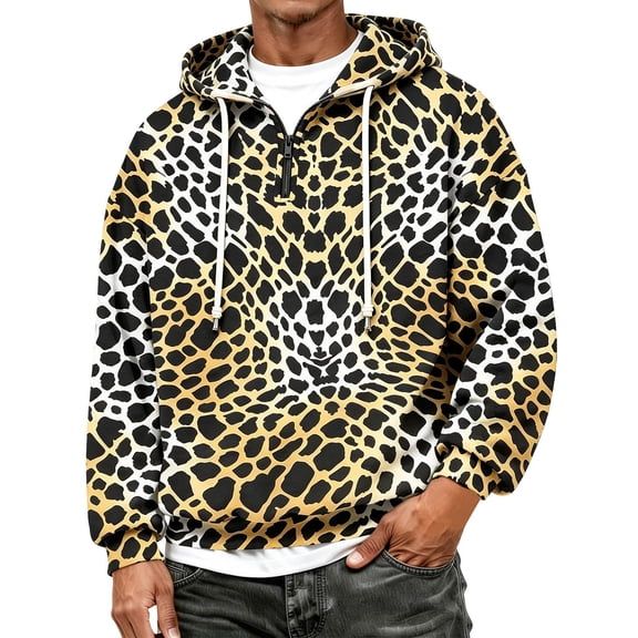 Men's Leopard Print Half Zip Hooded Sweatshirt Pullover Casual Comfortable Streetwear Top for Outdoor Yellow1 XXXL