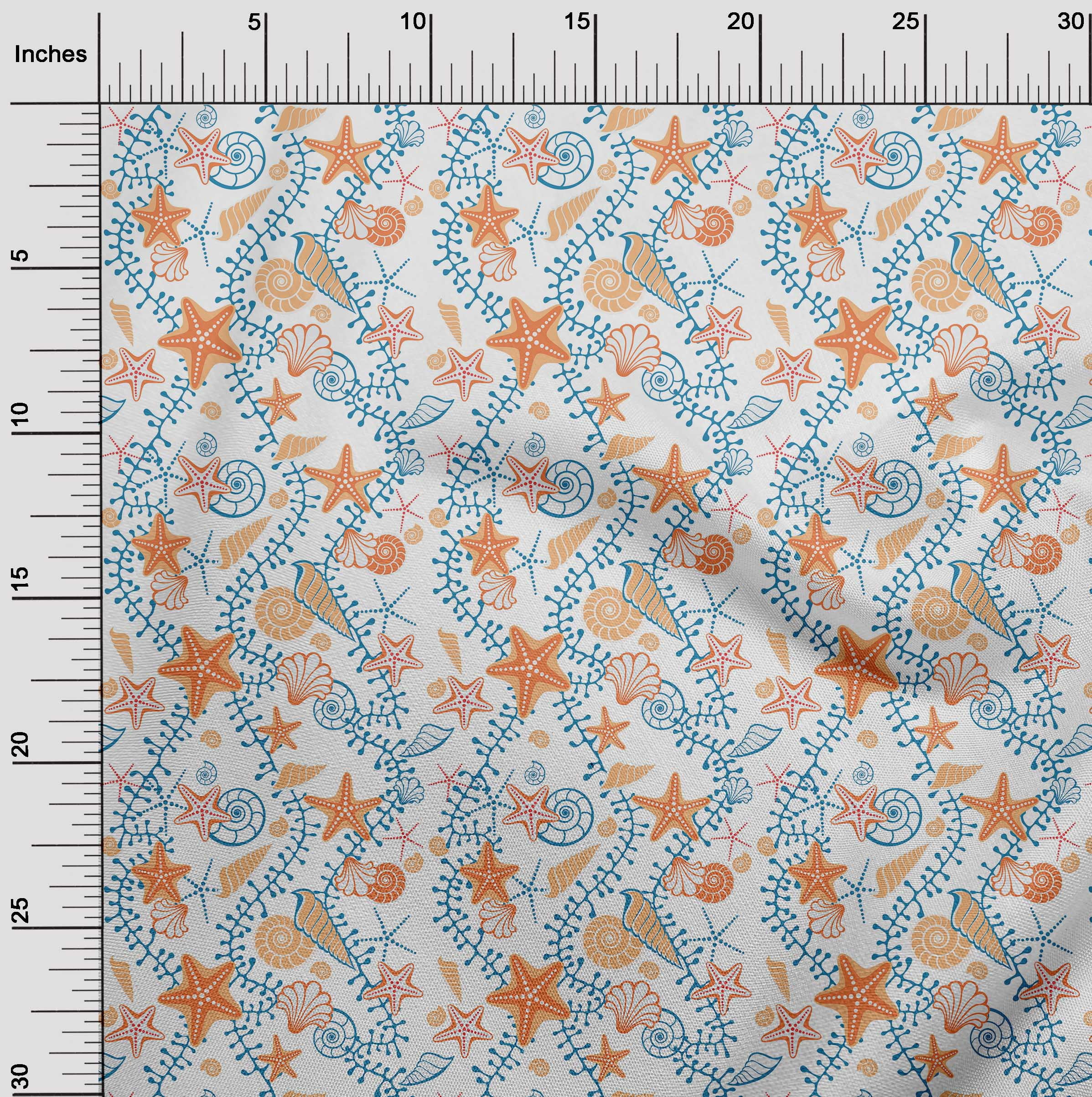 oneOone Cotton Poplin Twill Orange Fabric Beach Starfish &Shell Sewing Craft Projects Fabric Prints By Yard 56 Inch Wide