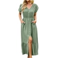 thumbnail image 2 of Robes Maxi pour Femmes Robe pour Femmes de Couleur Unie Mode Décontractée Printemps et Été à Manches Courtes Robe à Col en V Robe à Manches Courtes en Liquidation, 2 of 8