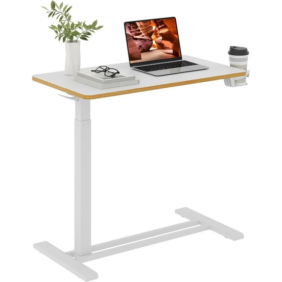 Medical Overbed Adjustable Bedside Table with Hidden Casters, Pneumatic Mobile Rolling Laptop Standing Desk with Tray for Home and Hospital Use, White