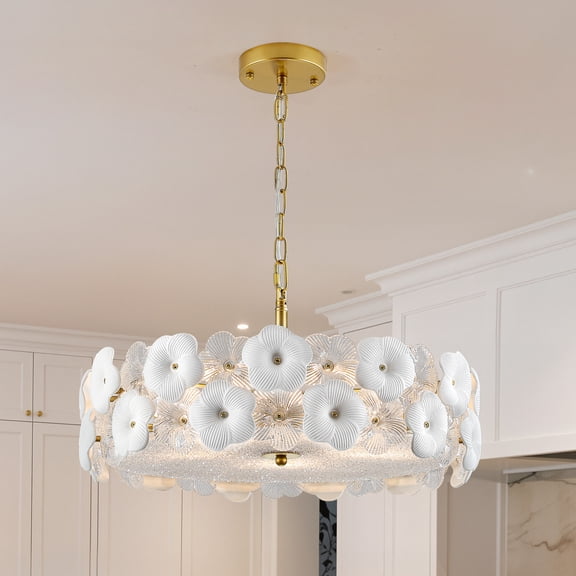 5-Light Modern Gold Flower Glass Chandelier, Contemporary Ceiling Light Fixture for Bedroom, Living Room, and Hallway