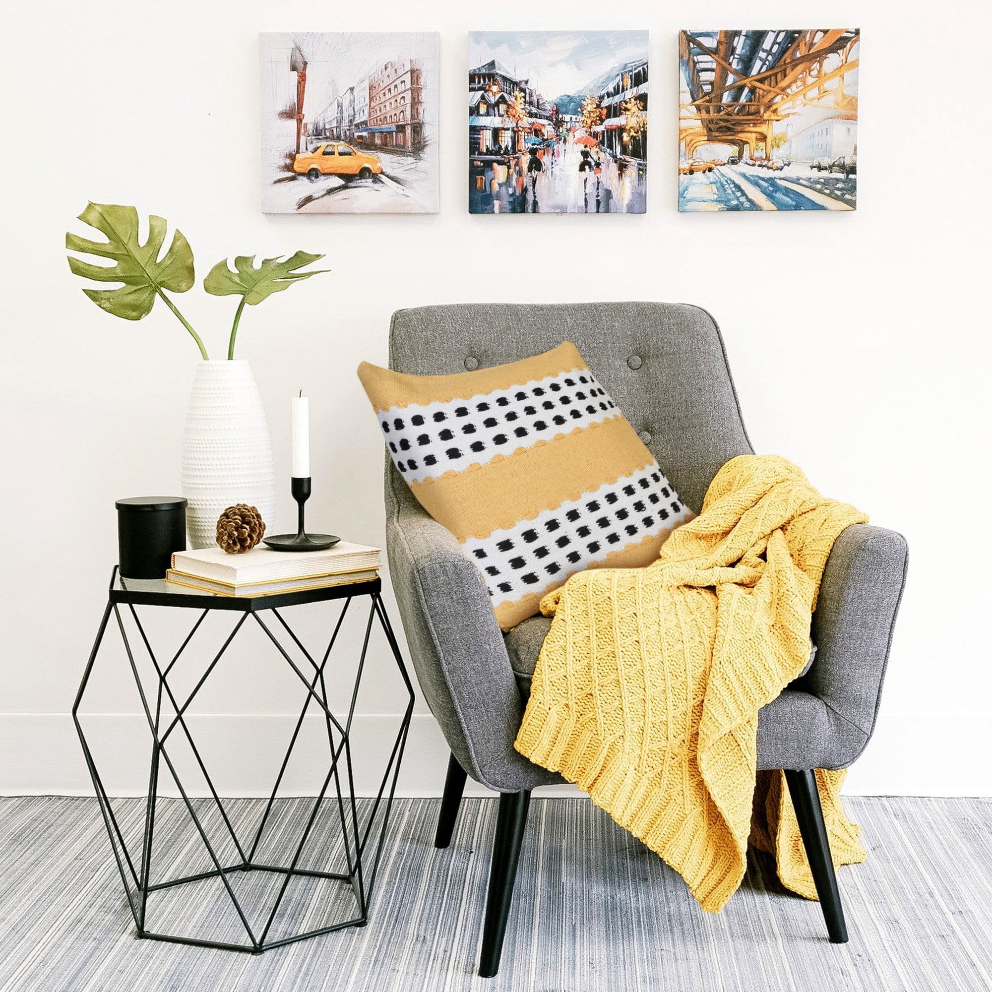Harlow Hill Glenn 20" x 20" Striped Cotton Adult Decorative Feather Filled Pillow, Yellow/Black/White