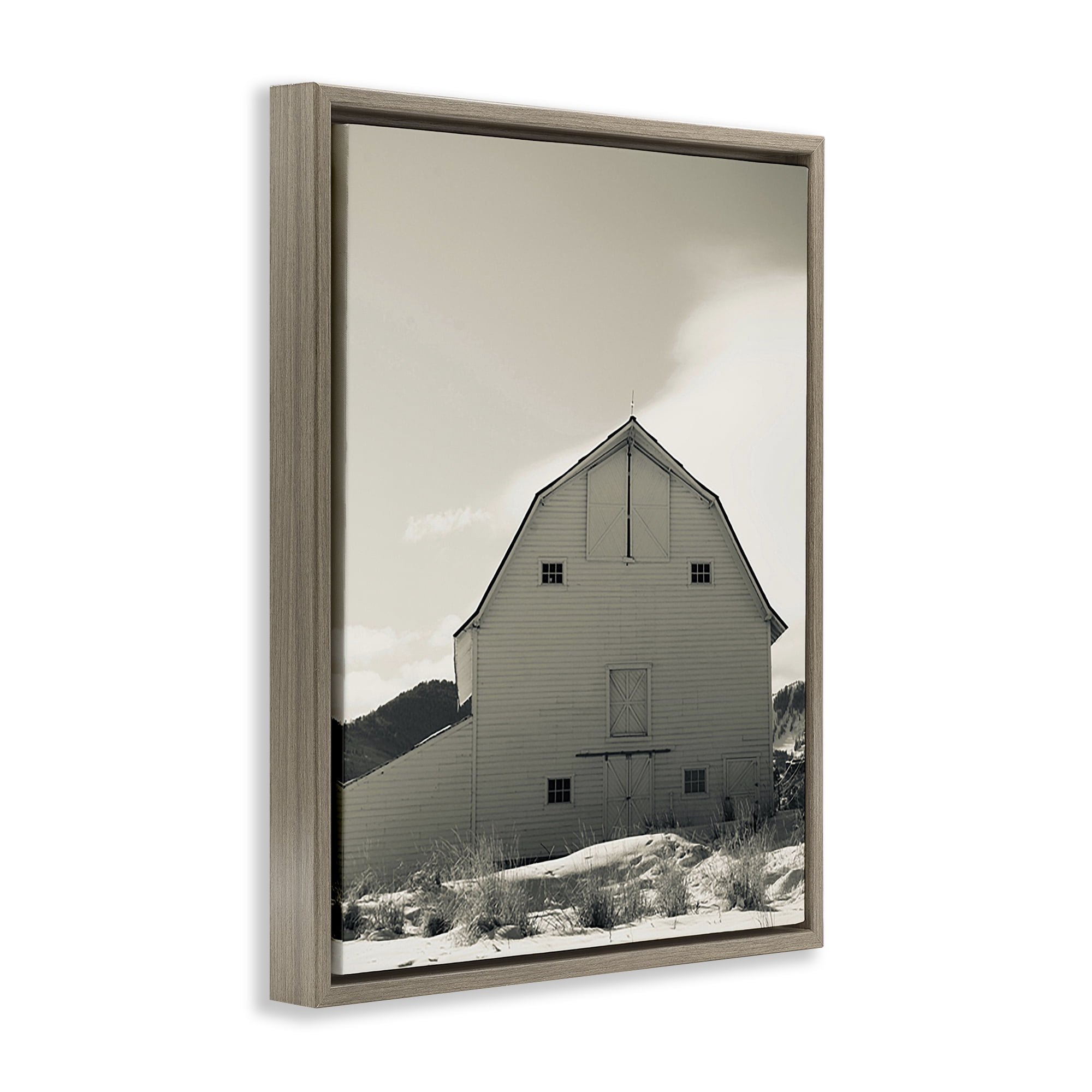 Stupell Industries Monochromatic Winter Barn Nautical & Beach Photography Brown Floater Framed Canvas Art Print Wall Art, 25 x 31