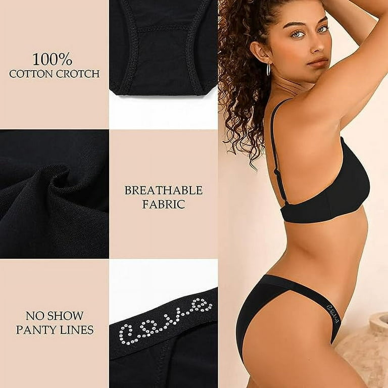 LEVAO Cotton Underwear Women Cheeky Panties Rhinestone Logo Low Rise String  Bikini Panties 6 Pack S-XL 