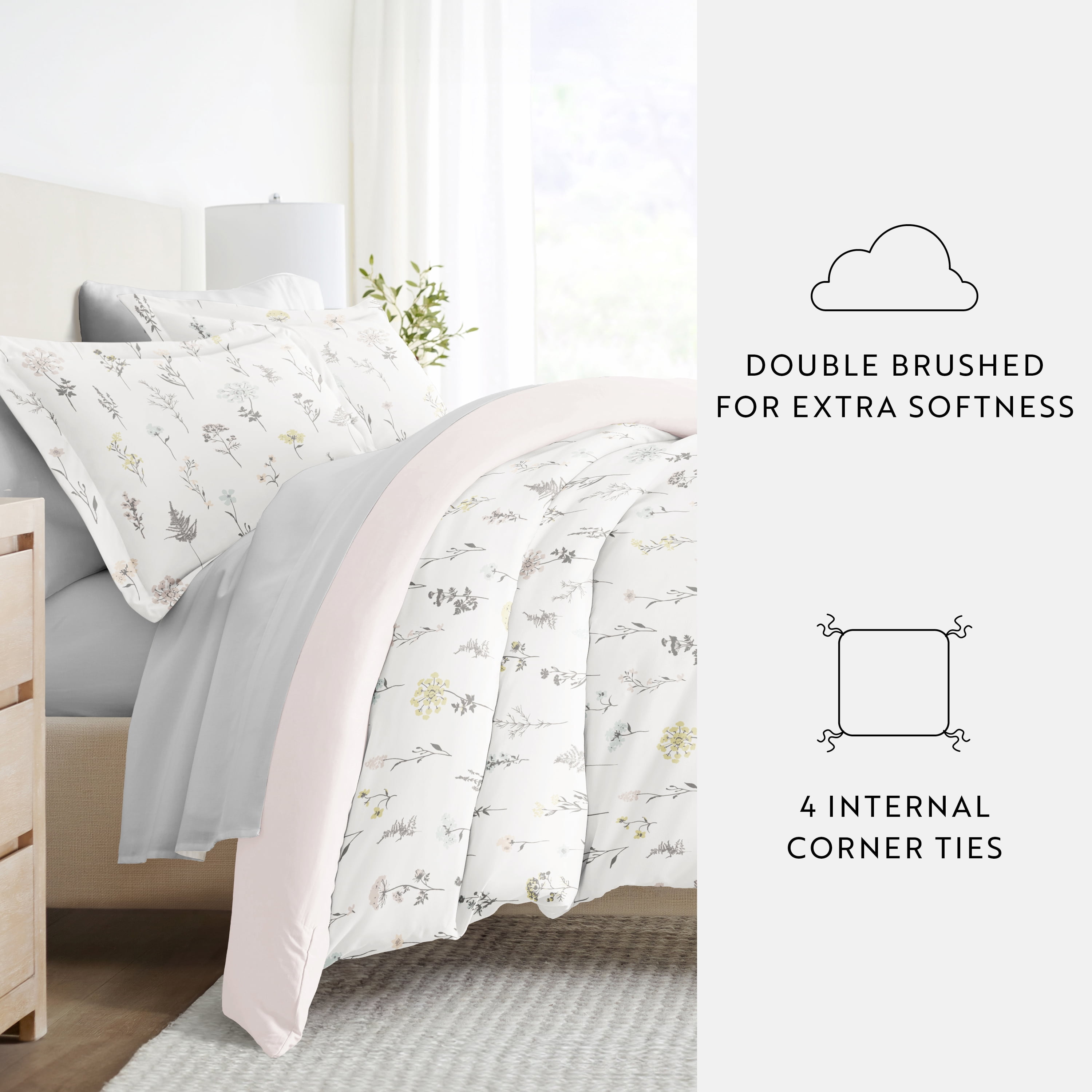 6PC Bedding Bundle - Patterned Duvet Cover Set White Comforter and Solid Sheet Set in Wildflower