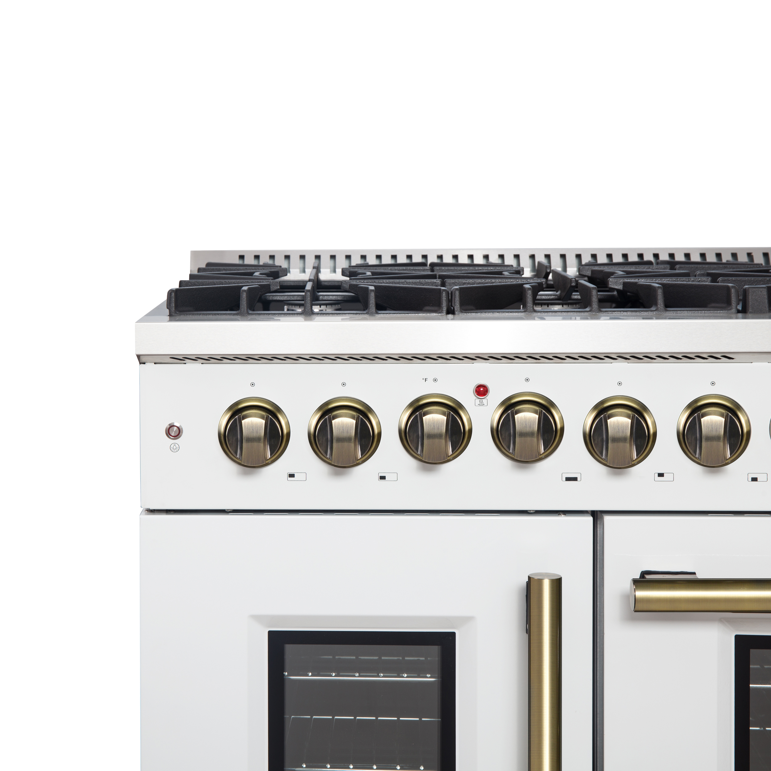 Forno Galiano 48-inch French Door Dual Fuel Range, White  Antique Brass Design, 8 Sealed Burners - 107,000 BTU, Griddle, 6.58 cu.ft. Double Ovens
