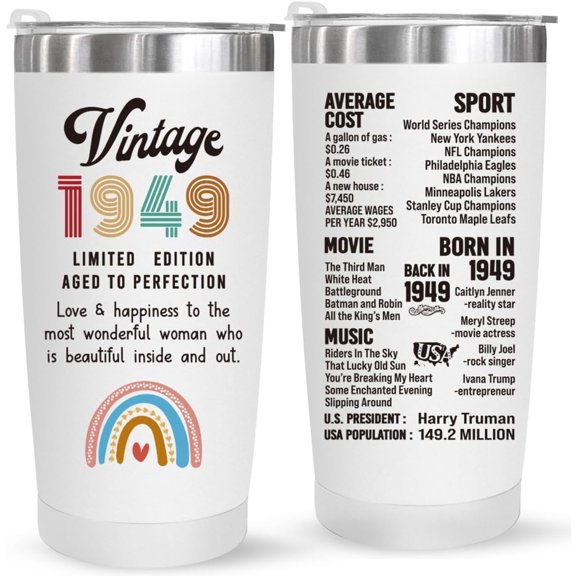 75th Birthday Gifts for Women Parents 75 Years Old Gifts- 20 oz Double-sided Vintage 1949 with Time Information Tumbler Cup(white) Turning 75