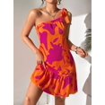 thumbnail image 5 of Women'S One Shoulder Leaf Print Self-Tie Short Dress Sleeveless Tiered Hem Formal Dress Red L, 5 of 9