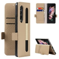 Allytech for Galaxy Z Fold 3 Cover for Samsung Galaxy Z Fold 3 5G(2021), Genuine Leather Magnetic Flip Stand Wallet Card Slots Case wtih S Pen Holder Pocket Cover for Galaxy Z Fold 3 2021, Gold
