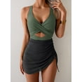 thumbnail image 2 of Women Mesh One Piece Swimdress Swimsuit Tummy Control V Neck Cutout Bathing Suit Wrap Drawstring Sarong Swimwear, 2 of 5