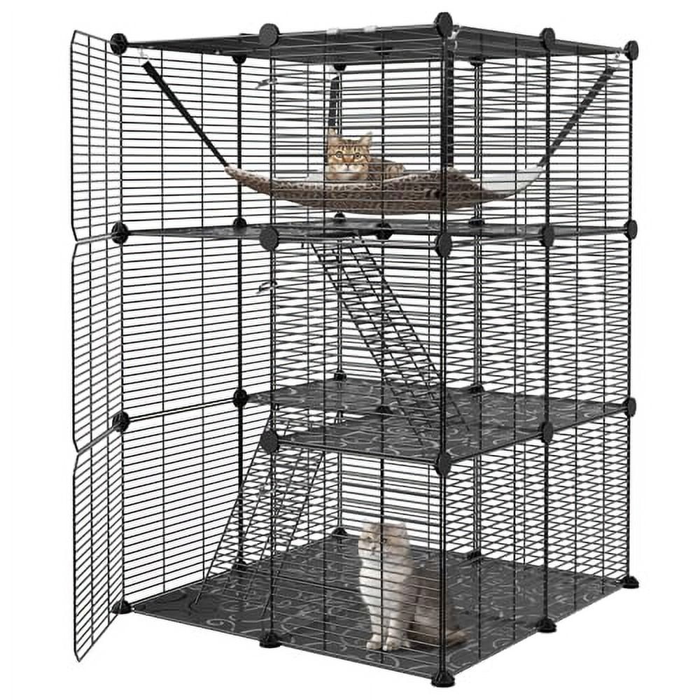 Pet Playpen Indoor Cat Enclosures DIY Cat Cage Metal Kennel with Hammock for 1-2 Cats, Guinea Pig, Rabbit, Ferret, Small Animals, Black