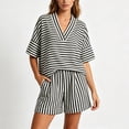 thumbnail image 6 of akafmk Womens Striped 2 Piece Sets Oversized V Neck Short Sleeve Shirt and Shorts Set Summer Casual Travel Vacation Outfits, 6 of 7