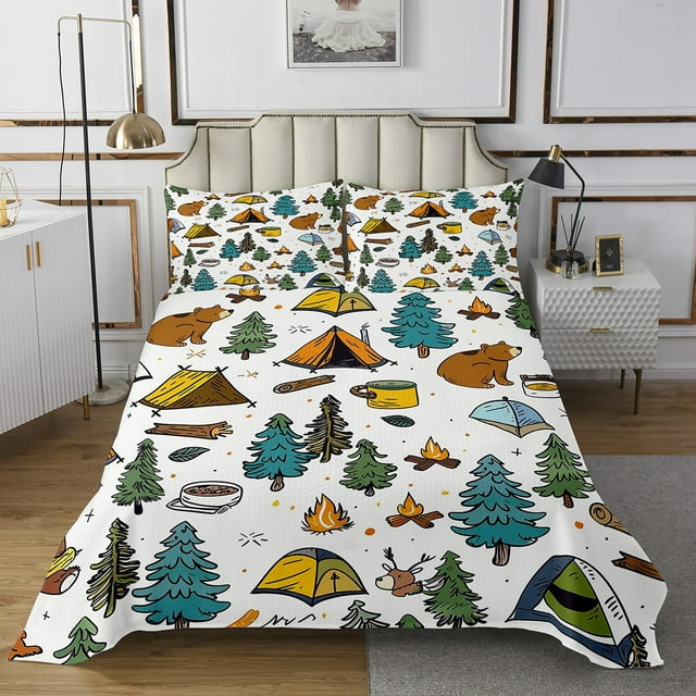 Erosebridal Happy Camping Quilt Sets for King Size Bed, RV Camper Bed Set, Cartoon Camp Decor, 3 Pieces