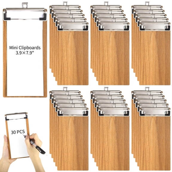 30 Pack Wooden Mini Clipboards (7.9"×3.9") - Bulk Low Profile Clipboards with Retractable Loops for Restaurants, Office, School & Events | Menu Server Holders for Business