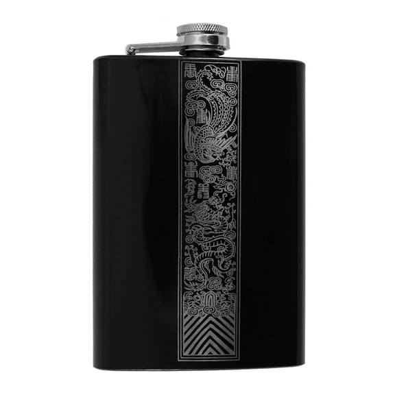 8oz BLACK Chinese Dragon and Phoenix Flask L1