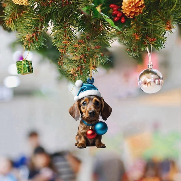 Christmas Dachshund Dog Ornaments 2D Acrylic Hanging Decorations, Cute Sausage Dog Tree Pendant for Holiday Party Home Decor, Funny Animal Car Interior Wall Gift, Winter Xmas Decor