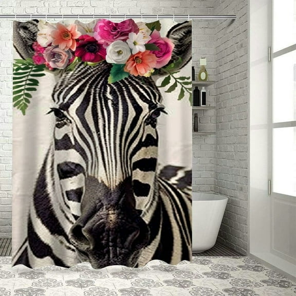 BCIIG Zebra Flower Crown Bathroom Decor Set Colorful Luxurious Graphic Print Polyester Fabric Fashion Shower Curtain Set with Hooks 36x72