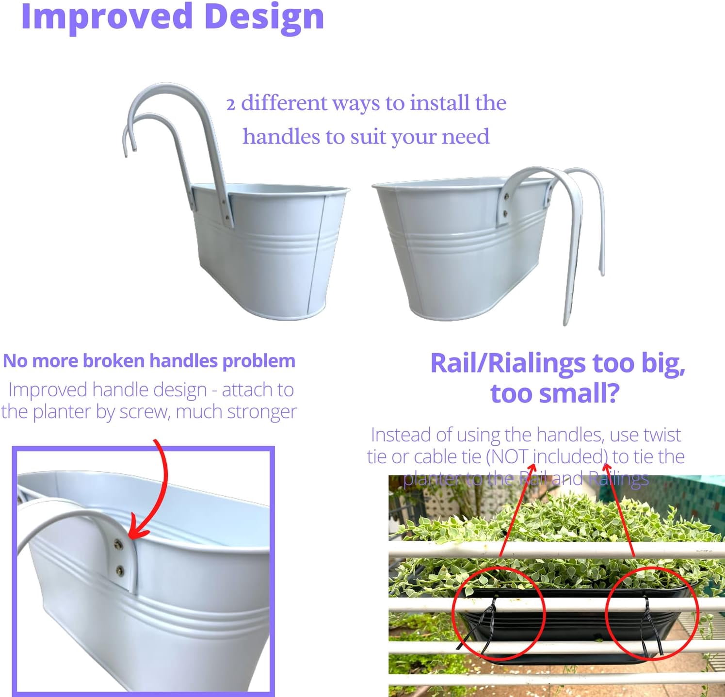 LaLaGreen Rail Planters for Outdoor (2 Pack, 11.2 Inch) White Metal Iron Hanging Flower Pots, Strawberry Planter Deck Railing Fence Bucket Wall Mount Window Box Plant Holder with Hooks Porch Decor