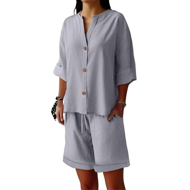 Tumotour 2 Piece Outfits Set For Women Summer Casual Wear Matching Two Piece Shirts And Drawstring Shorts Spring Outfit 2025