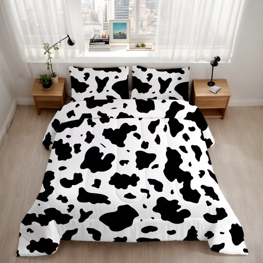 Psoiuetr Black and White Cow Comforter Set Full Size Wild Animal Farmhouse Rustic Cowhide Bedding Sets with 2 Pillowcases for Kids Teens Boys Girls 3 Pieces