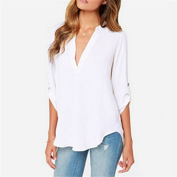 Women's V-Neck Solid Chiffon Blouse Tops Sexy Fashion OL Long Sleeve Shirt Blouses