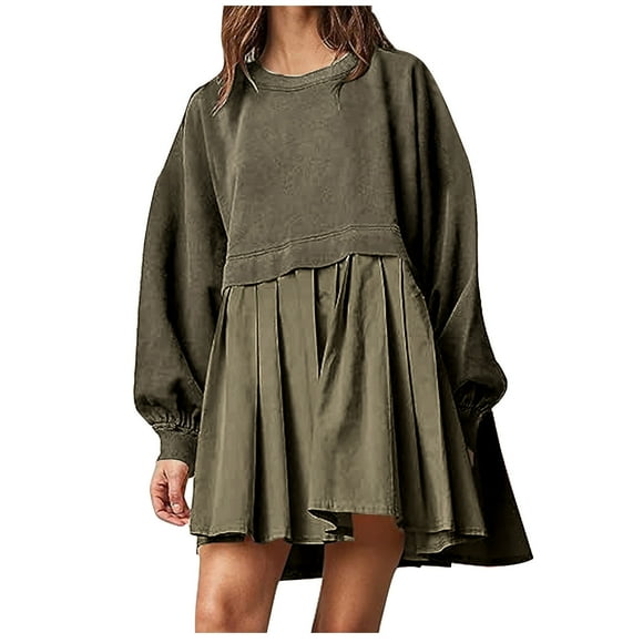 Women's Mini Babydolls Dress Sweatshirts Solid Color Trendy Girls Clearance Spring Long Sleeve Dressy Tunic Crew Neck Casual Splicing Ruffle Hem Pleated Army Green S