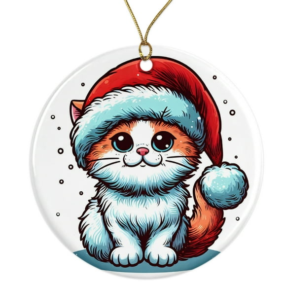 Cute Kitty Cat Illustration Cartoon Ceramic Ornament - Anime Cartoon Style Cat Ornament - 3 Inch Christmas Tree Round Ornament - Xmas Holiday Decor - String Included - ORNW0103