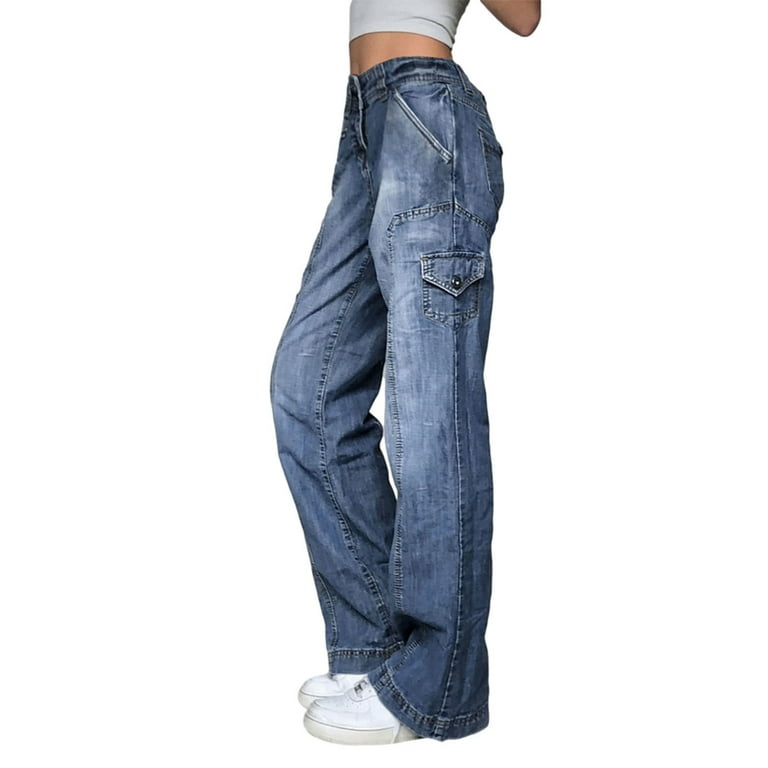 hirigin 90s Vintage Cargo Jeans High Waist Wide Leg Baggy Mom Denim Pants  Women Fashion Pockets Harajuku Oversized Long Trousers