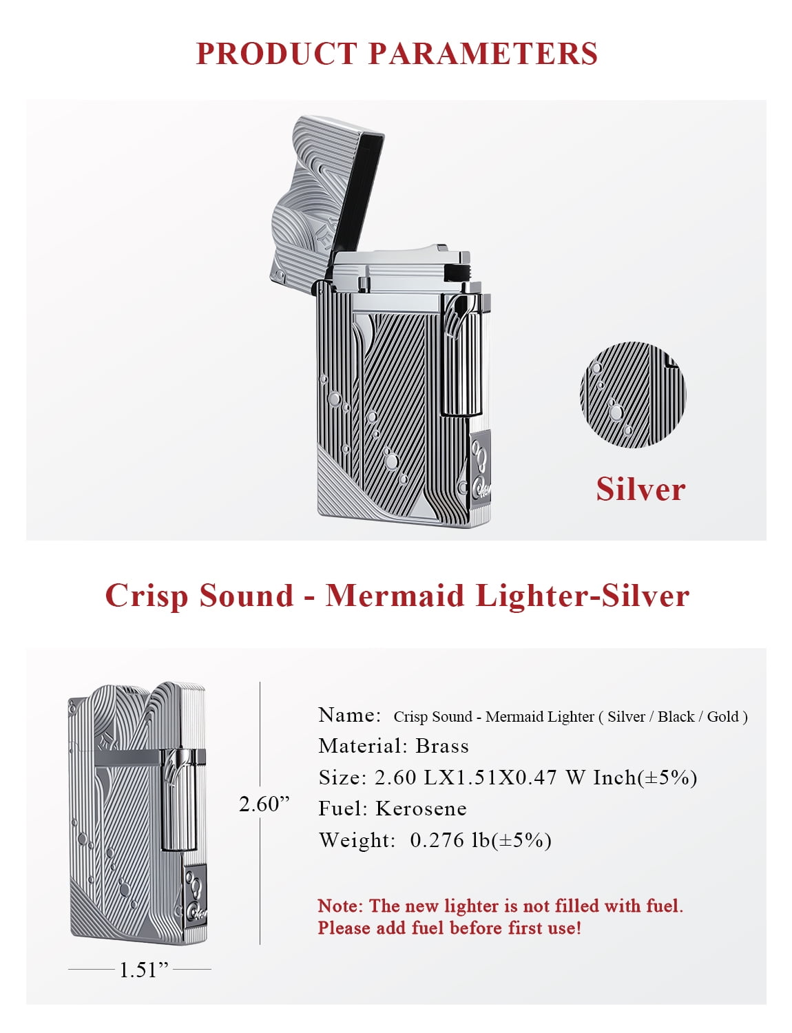 Refillable Swiss Luxury Classic Retro Thin Brass Kerosene Lighter, Crisp Sound, Side-Slide Soft-Flame, Unique,Electroplated Chrome Color,Relief, Collectible, Gift for Father, Thorens Mermaid