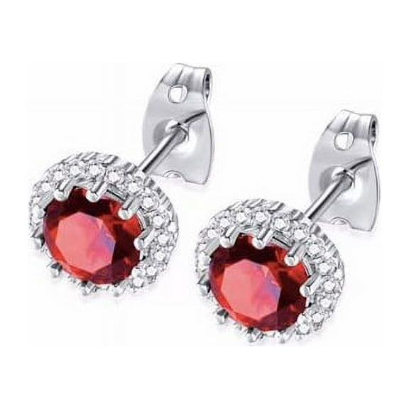Paris Jewelry 14k White Gold 4 Ct Created Halo Round Garnet Stud Earrings Plated