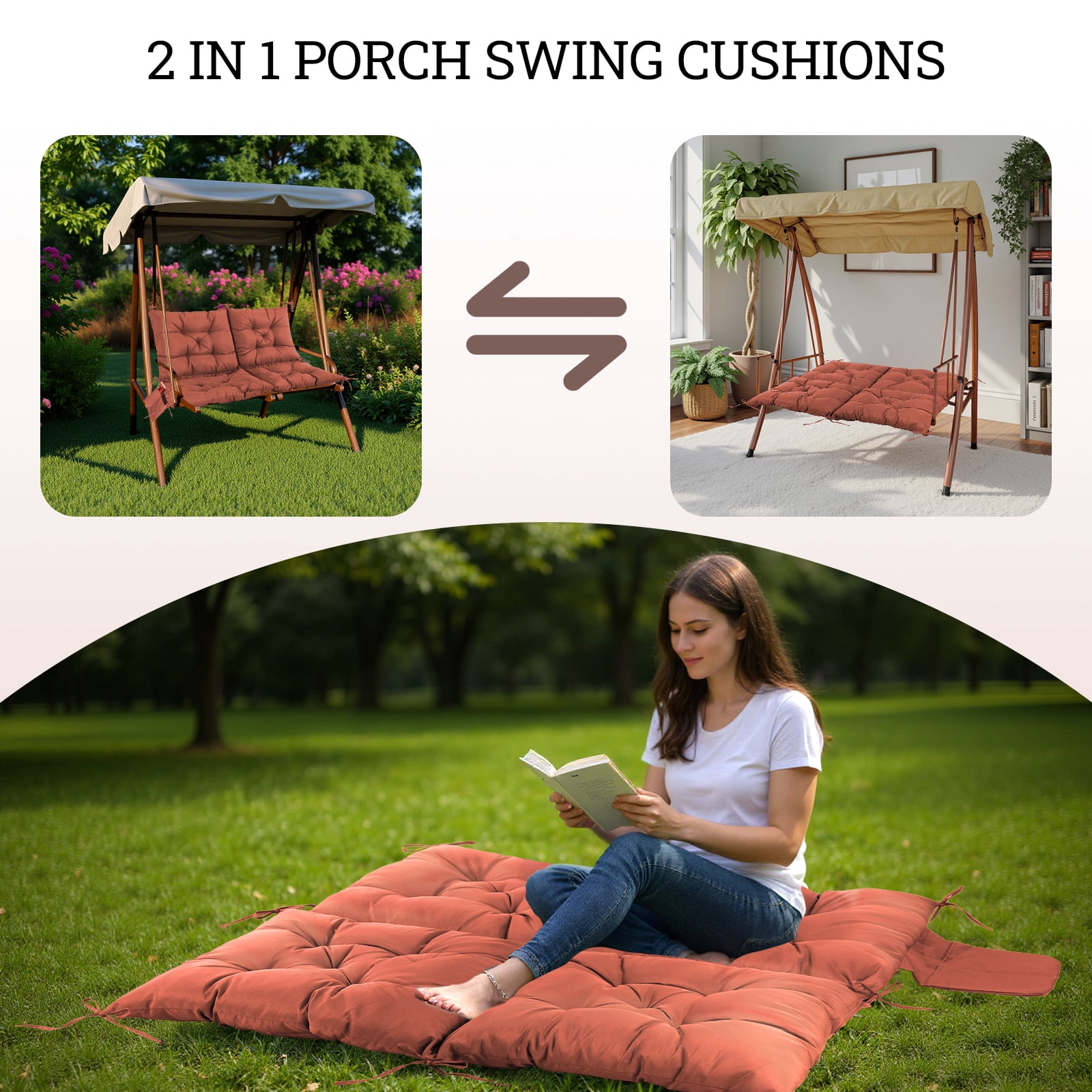 Outdoor Bench Cushion Matalde Swing Chair Cushion Waterproof Sun-Resistant with 8 Nonslip Ties, Deep Coffee 120cm*100cm
