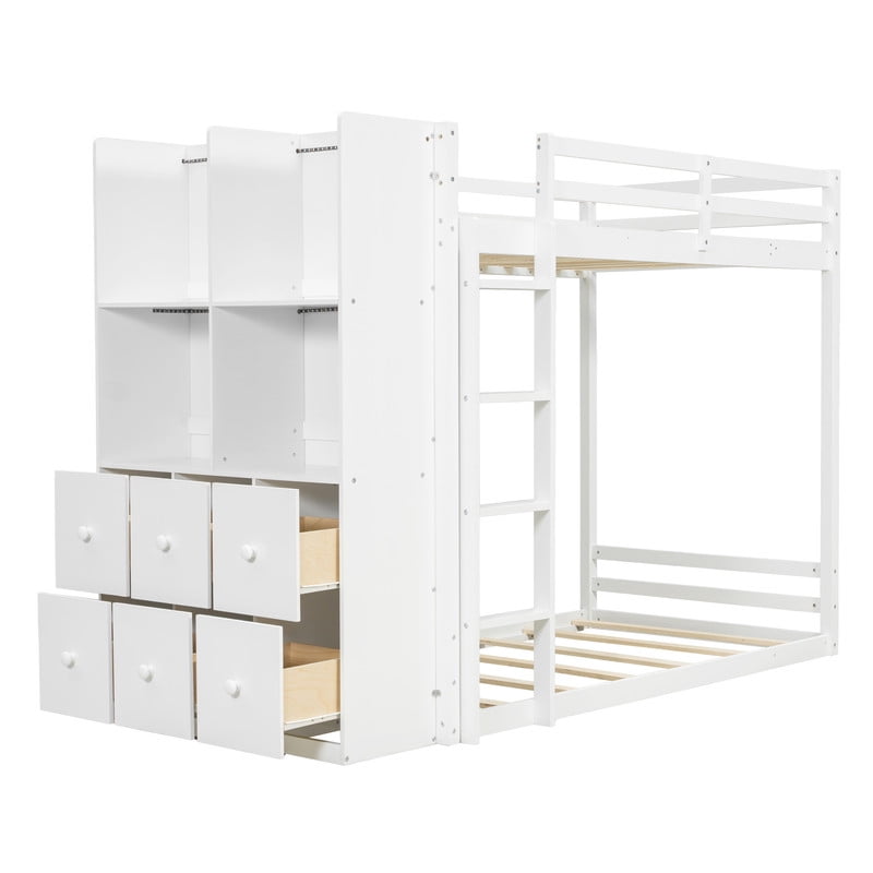 Twin-Over-Twin Size Teens Storage Bunk Bed with Drawers & Shelves, Kids Bed Frame with Built-In Ladder & LED Light Strip