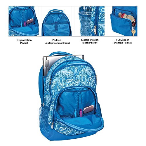 Class Collections Reinforced and Water Resistant Padded Laptop School Backpack and Insulated Soft Cooler Lunch Bag Set, Blue Paisley