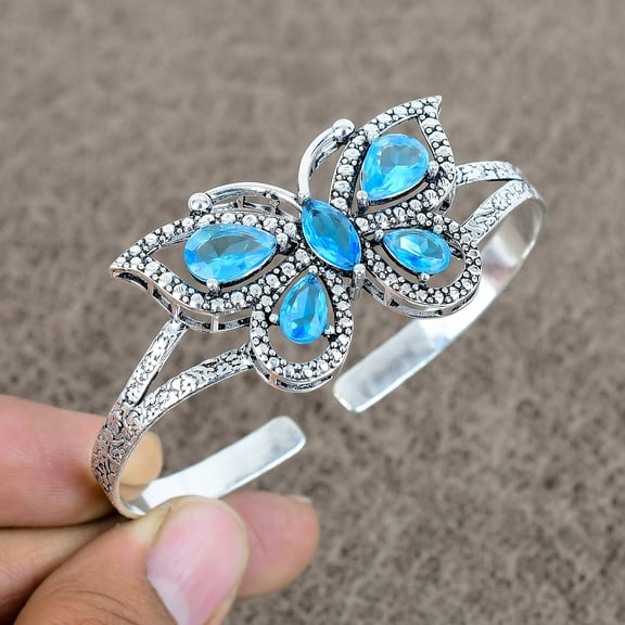 Blue Topaz 925 Sterling Silver Gemstone Handmade Cuff Bangle Adjustable