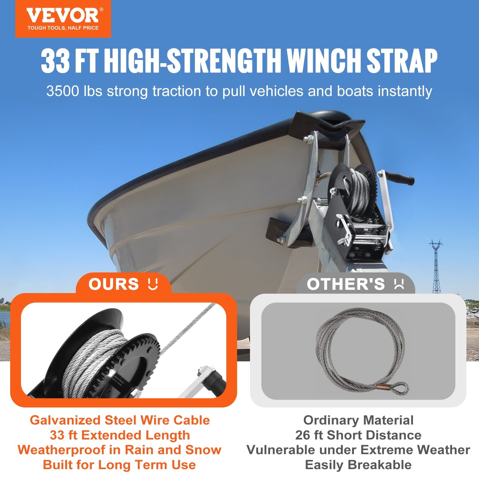 VEVOR Hand Winch, 3500 lbs Pulling Capacity,Boat Trailer Winch Heavy Duty Rope Crank with 33 ft Steel Wire Cable and Two-Way Ratchet,Manual Operated Hand Crank Winch for Trailer, Boat or ATV Towing