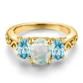 thumbnail image 3 of Gem Stone King 18K Yellow Gold Plated Silver White Opal and Blue Zircon Filigree Style 3 Stone Ring for Women (2.30 Cttw, Oval 8X6MM and 6X4MM) (Size 8), 3 of 6