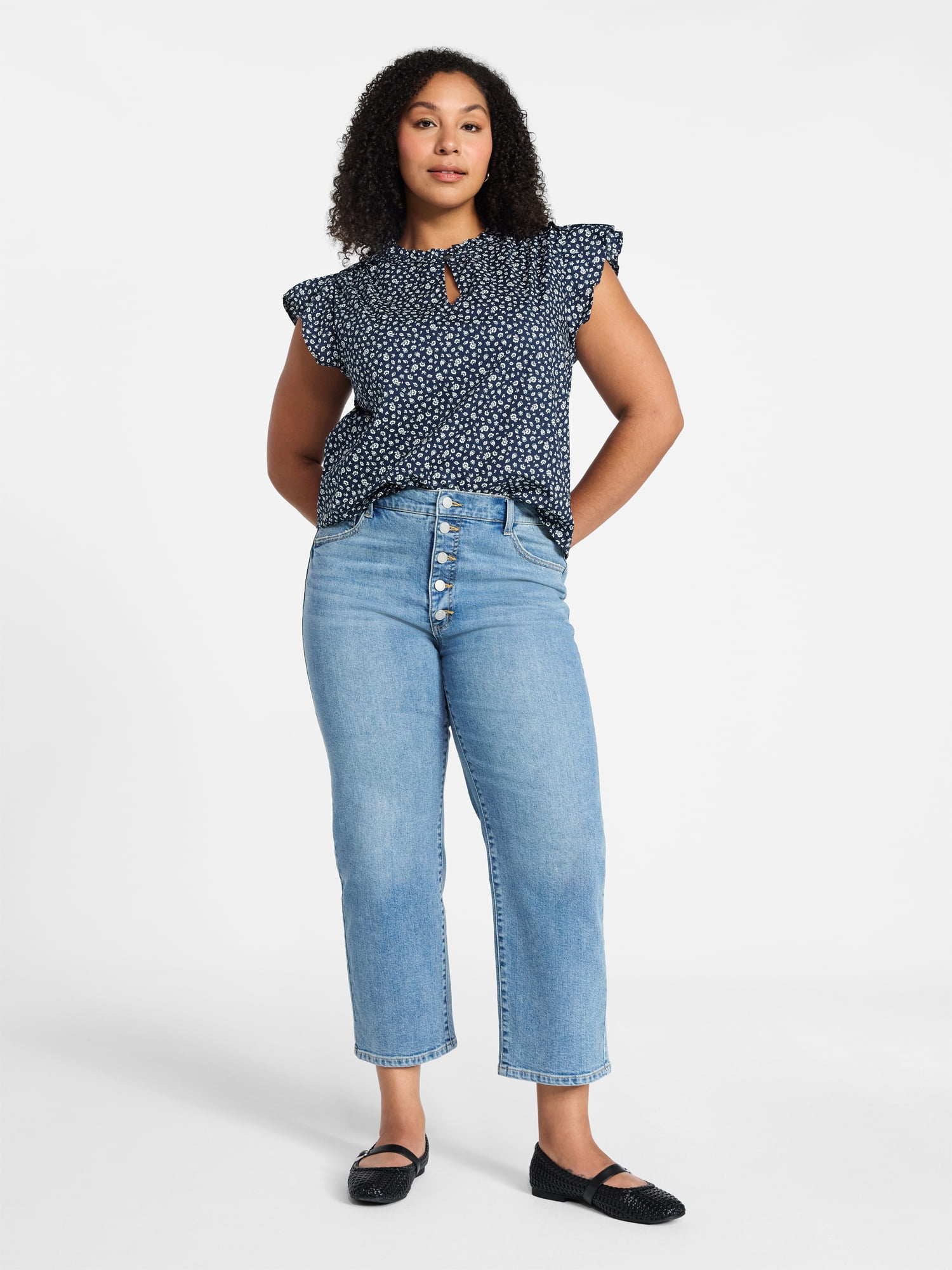 Time and Tru Women's High Rise Button Fly Cropped Jeans, 26.5" Inseam, Sizes 0-22
