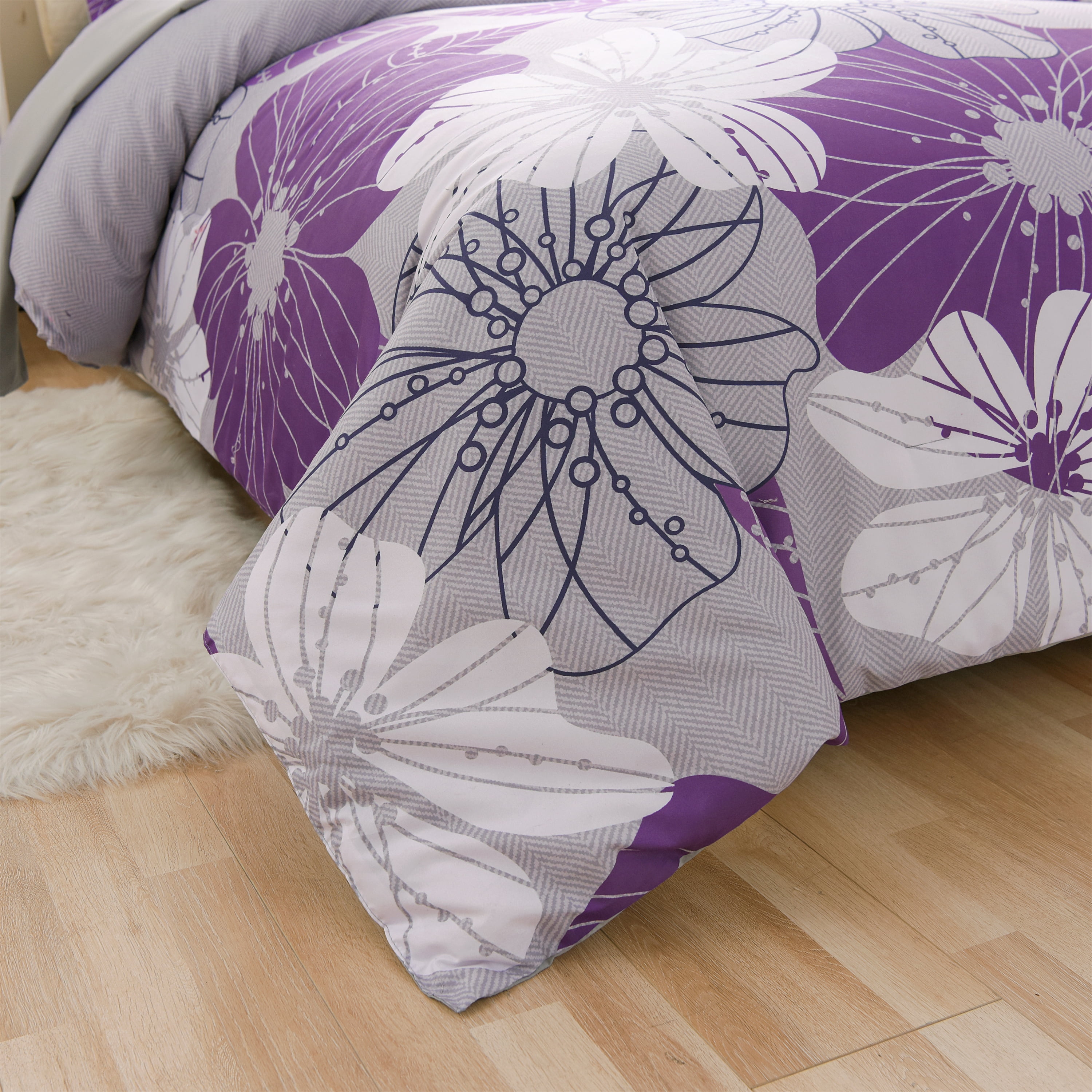 Btargot 6PCS Purple Floral Comforter Sets King Flower Bedding Set Adult Botanical Boho Bed-in-a-Bag