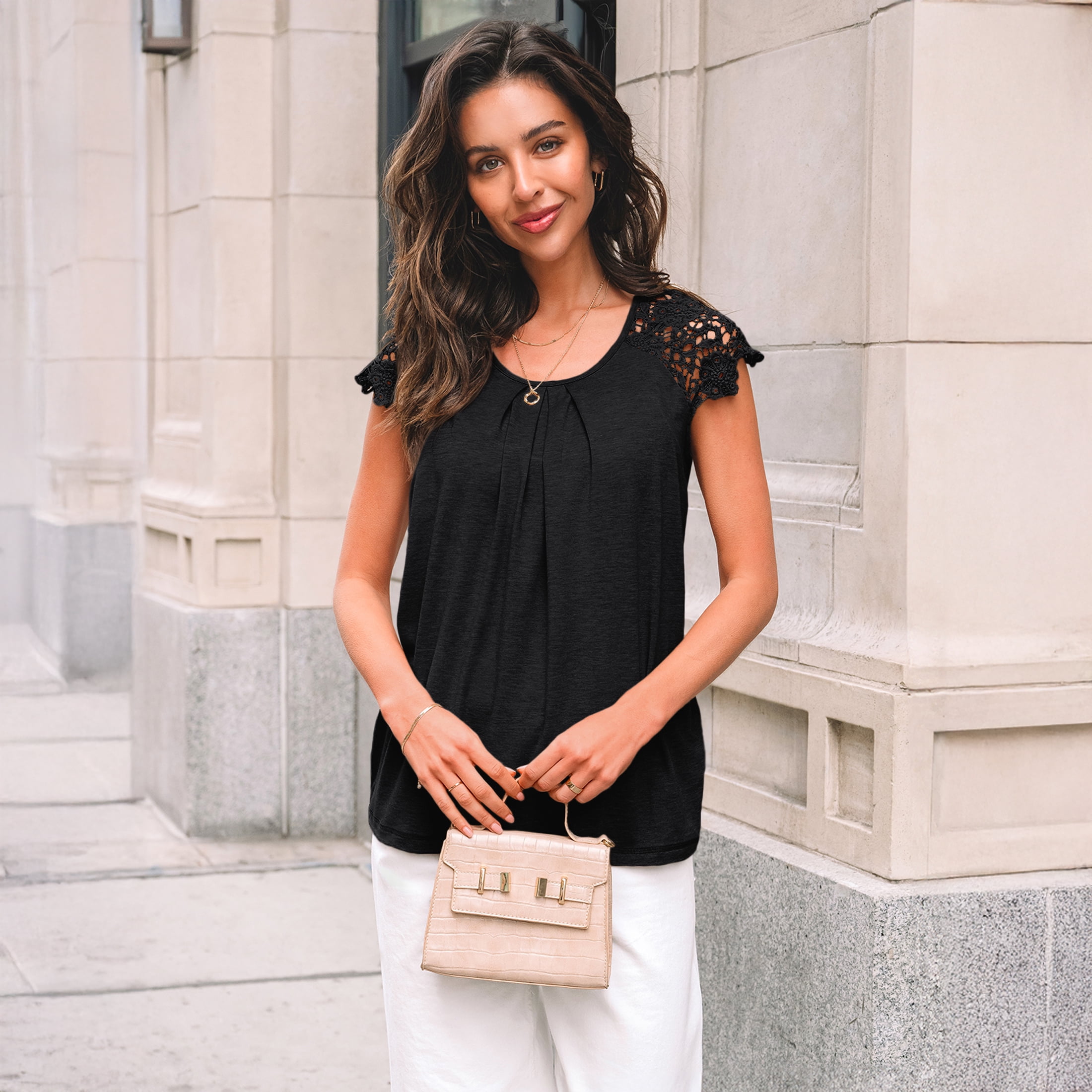 SUNBS Blouses for Women Lace Tops Pleated Short Sleeve Shirts Summer Business Casual Dressy Clothes