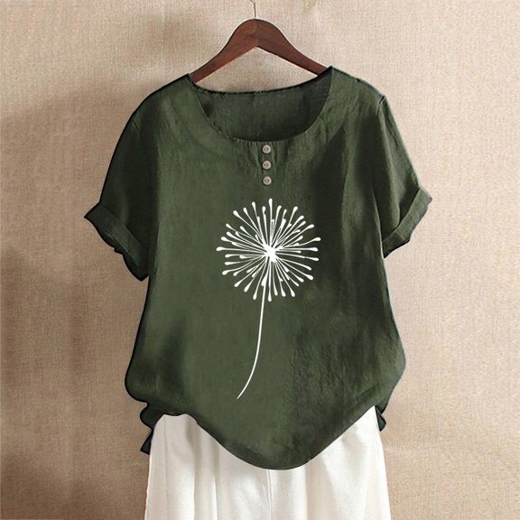 Womens T Shirts Women's Summer Round Neck Button Cotton and Linen Dandelion Print Short Sleeve T Shirt Top Blouse Tops for Women