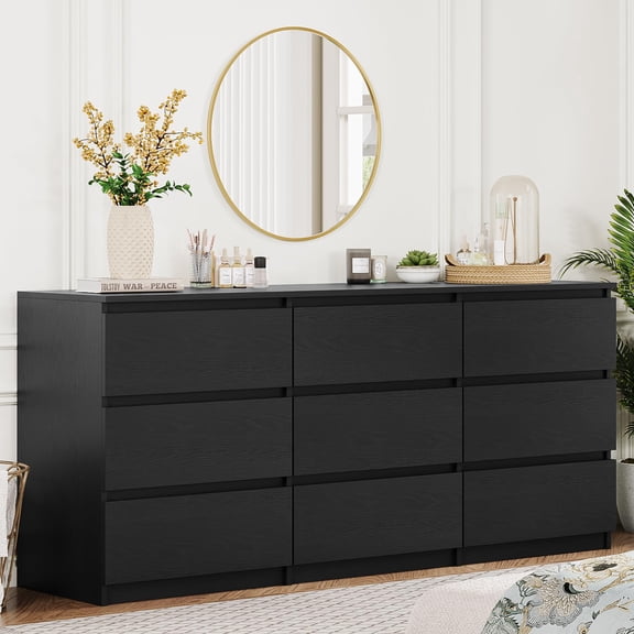 62'' Black 9-Drawer Dresser - Modern Wood Storage Cabinet with Handle-Free Design & Thick Panels for Bedroom or Entryway