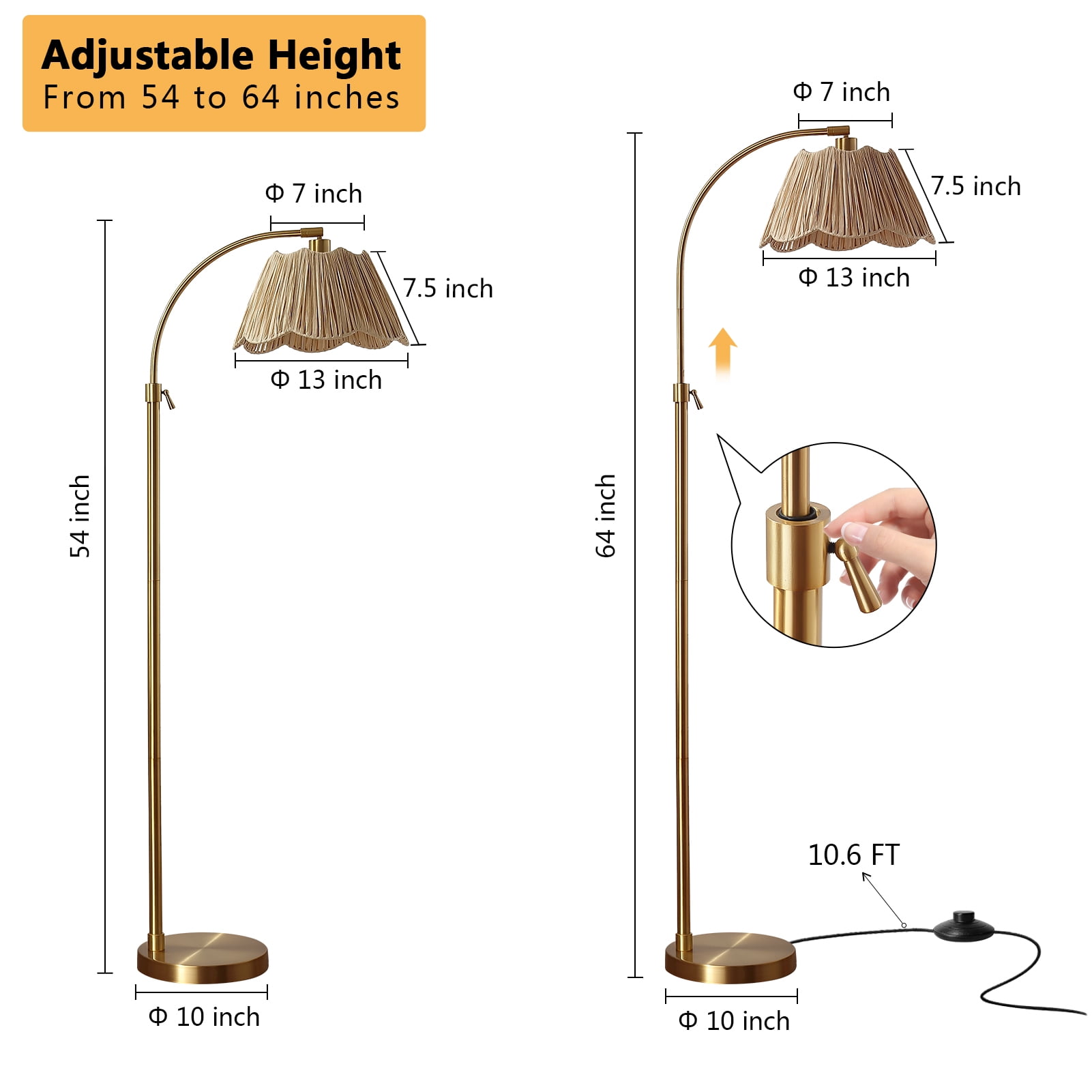 RORIA 64” Curved Floor Lamp, Height Adjustable gold Standing Lamp,with a woven paper shade, perfect for bedrooms, living rooms, and offices (bulb included)