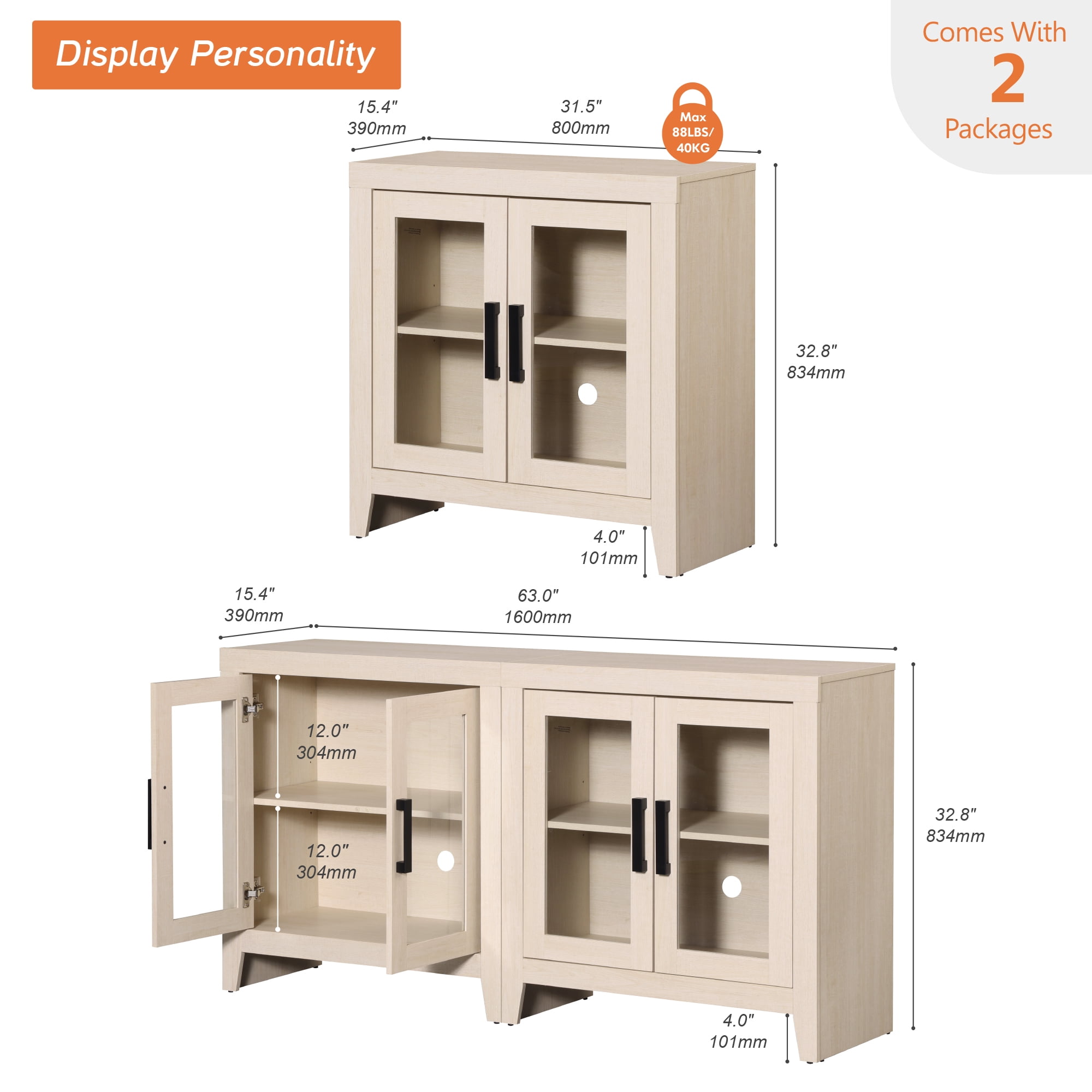 WAMPAT Modern Farmhouse TV Stand up to 70"TV, Entertainment Center with Tempered Glass Doors & Adjustable Shelves, Beige