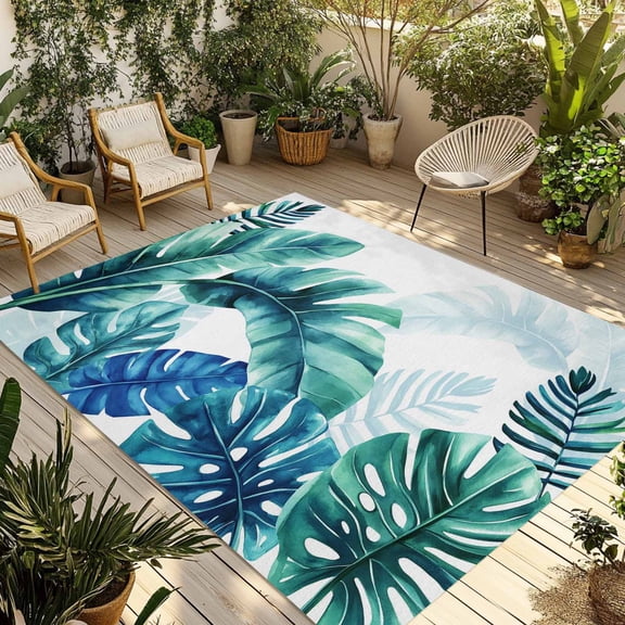 Blue Teal Leaves Outdoor Rug for Patio/Deck/Porch, Non-Slip Large Area Rug 5 x 8 Ft, Summer Botanical Watercolor Leaf Indoor Outdoor Rugs Washable Area Rugs, Reversible Camping Rug Carpet Runner