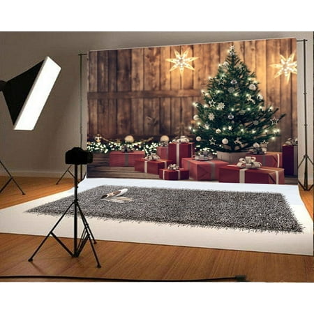 Image of MOHome Christmas Decoration Backdrop 7x5ft Photography Background Xmas Tree Stars Gifts Wooden Wall Festival Celebration Children Baby Kids Portraits Photos Video Studio Props
