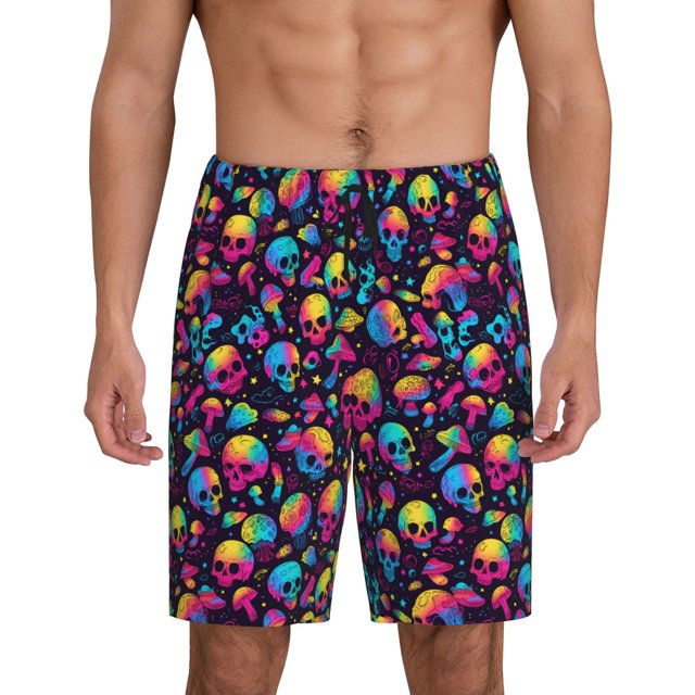 Fotbe Skull rainbow color mushroom Pantalones Cortos de Pijama para Hombre, Ropa de Dormir, Pantalones de Pijama Cortos para Hombre-3X-Large