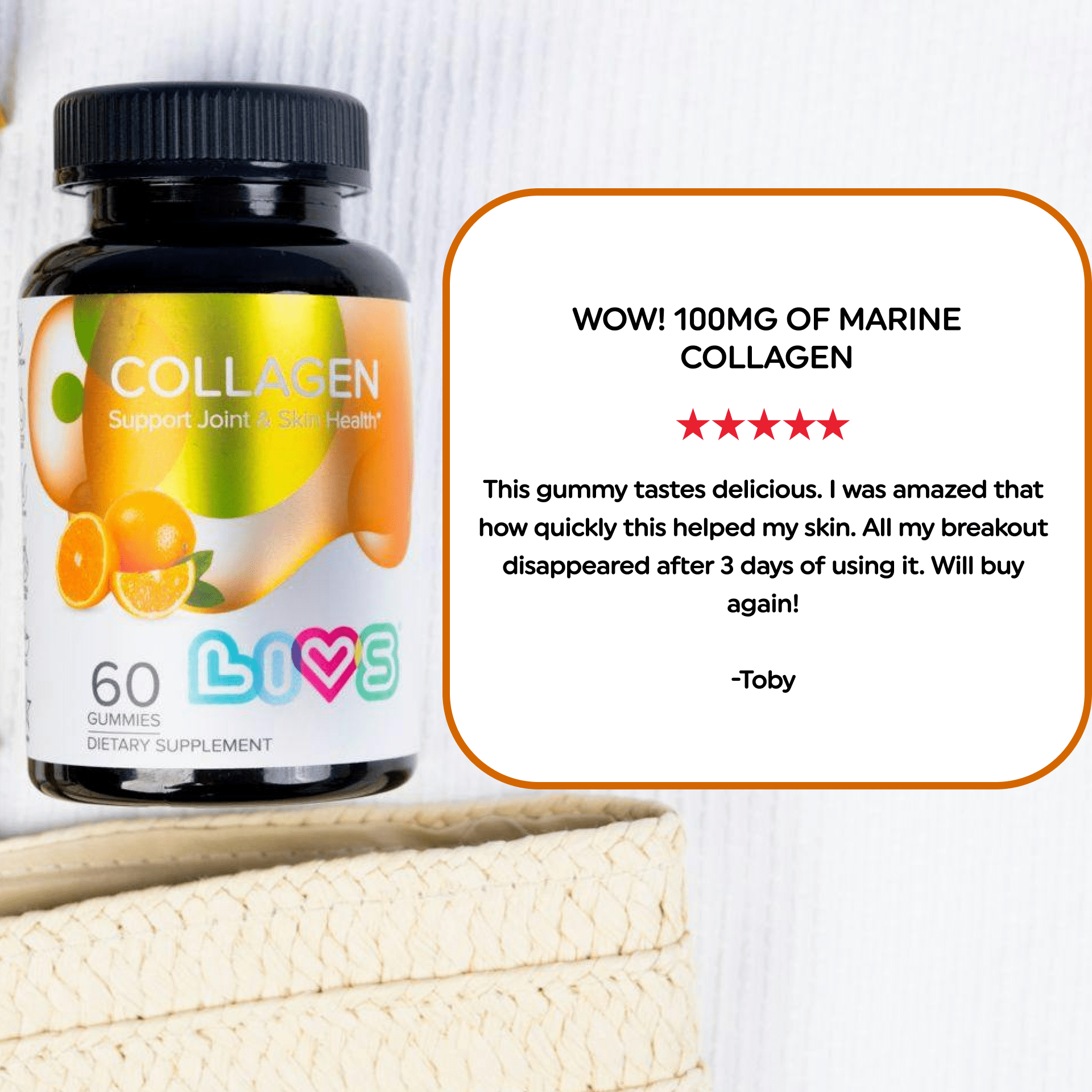 LIVS Marine Collagen Peptides Gummies for Women & Men, Hydrolyzed Supplement for Skin & Joints, Natural Orange Flavor, 120 Count with 60 Servings